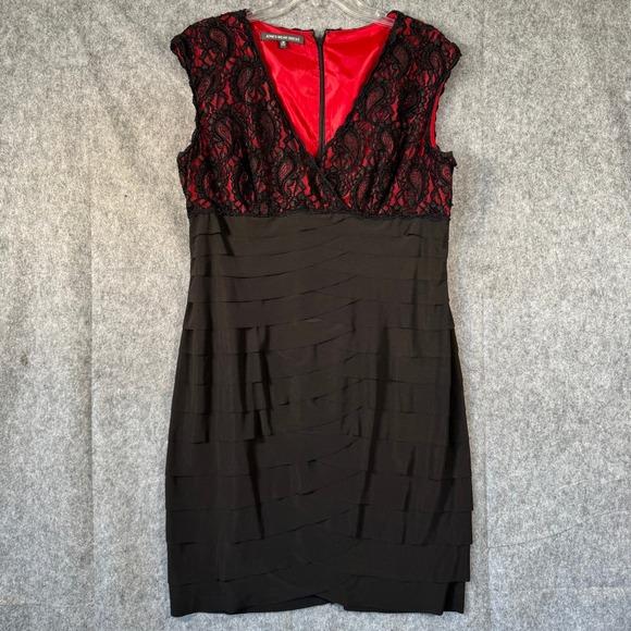 Y2K Jones Wear Bodycon Dress Black Red Lace Cocktail Party Size 16 Ruffle Teired - Picture 1 of 12